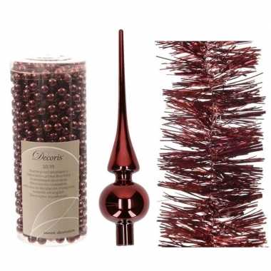 Kerstboom optuigen set donkerrood glazen piek, 1x kralenslinger, 1x f