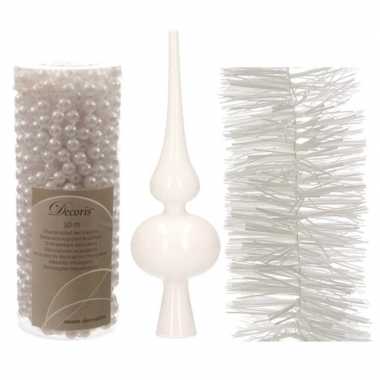 Kerstboom optuigen set wit glazen piek, 1x kralenslinger, 1x foliesli