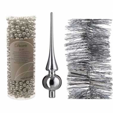 Kerstboom optuigen set zilver glazen piek, 1x kralenslinger, 1x folie