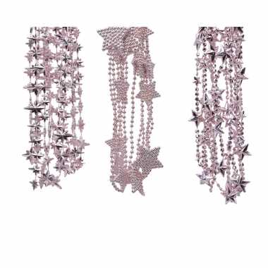 Kerstboomversiering 3x poeder roze kralenslingers met sterretjes 270 cm