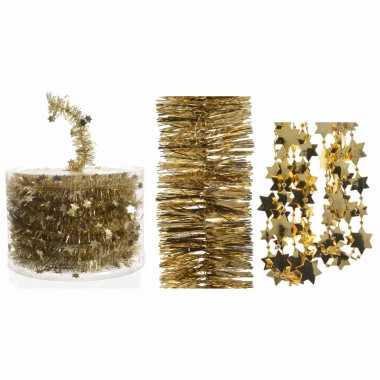 Set van gouden kerstboom sterren folie slinger 700 cm / kerstslinger 270 cm / kralenslinger 270 cm