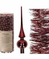 Kerstboom optuigen set donkerrood glazen piek 1x kralenslinger 1x folieslinger
